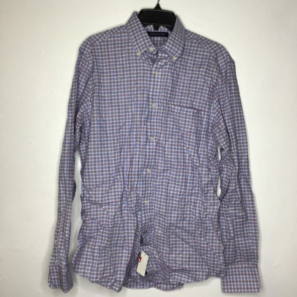 Tommy Hilfiger Men Button-Up Plaid Shirt Purple Blue Stretch Medium 15 34/35 NWT